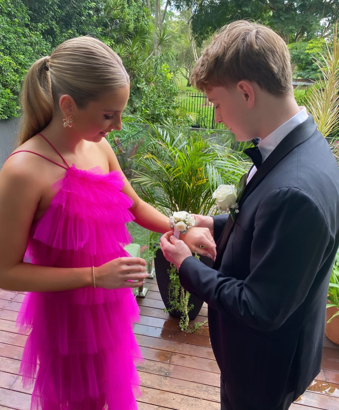 Corsage and buttonhole , white pearl band. Brisbane delivery 