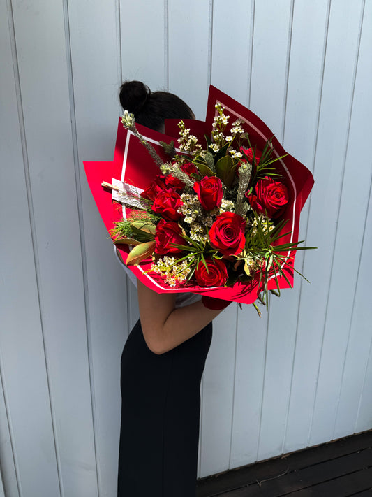 Love x 10 — 10 premium red long-stem roses in signature wrap, Bloomsbyella Brisbane

